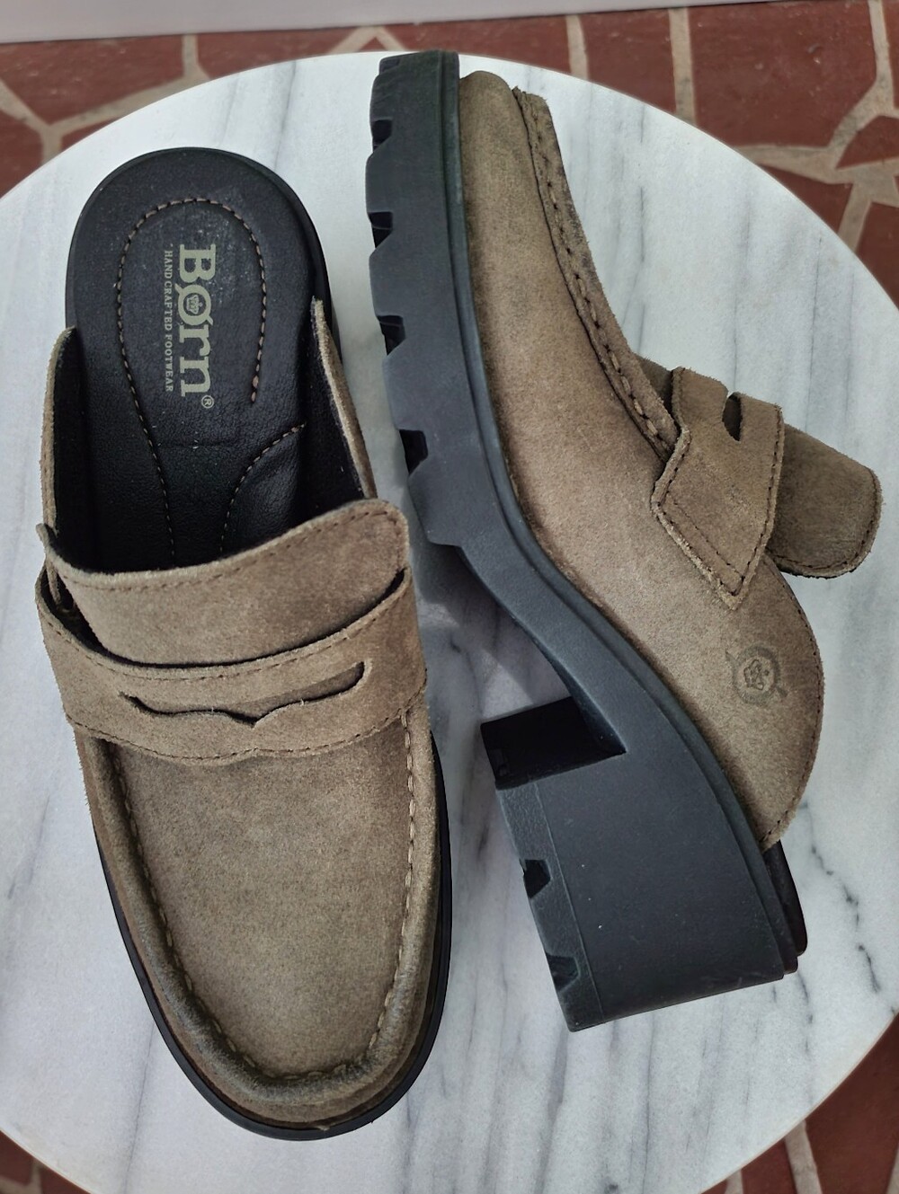 Born Gala Platform Penny Loafer Mules Green Distressed Suede 6